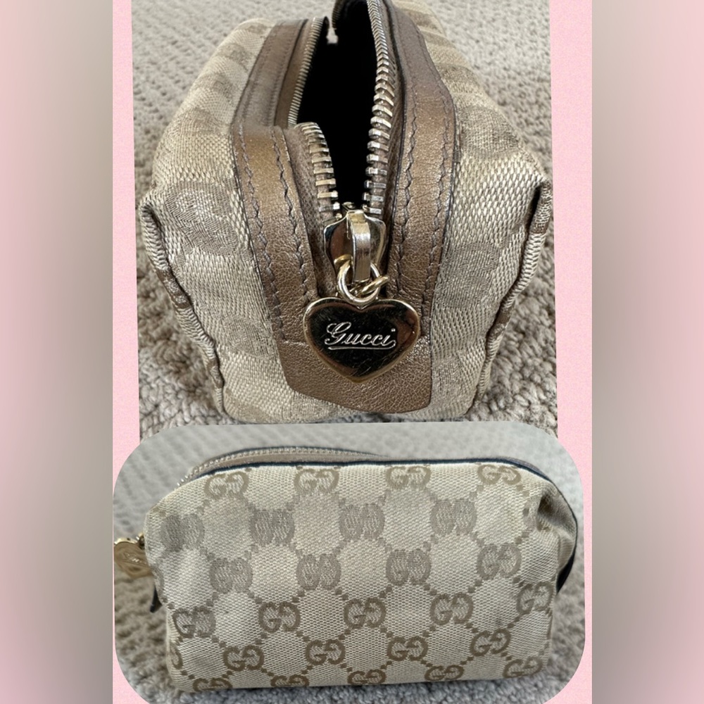 Authentic Y2K Vintage Gucci Brown Logo & Heart Gold Charm Zippered Makeup Bag - Picture 1 of 17